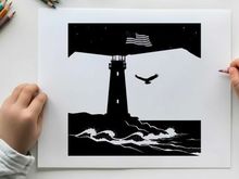 American lighthouse silhouette with flag and seagull at night