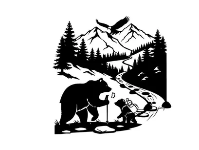 Silhouette of bear and child in mountainous landscape with eagle