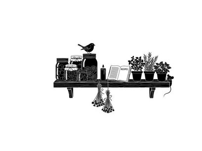 Silhouette of bird and plants on a shelf with jars and hanging flowers