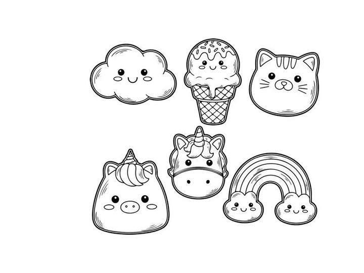 Cute animal faces in ice cream and rainbow vector illustration