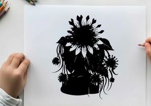 Silhouette of sunflowers in a vase on white background