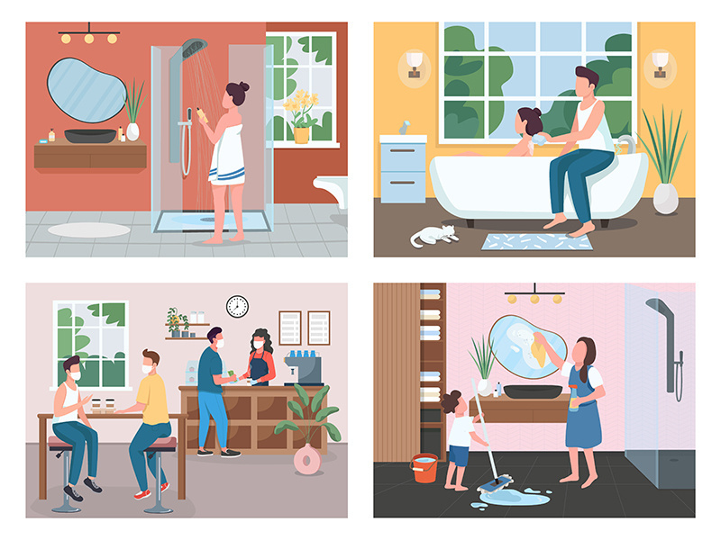 Daily routine flat color vector illustration set