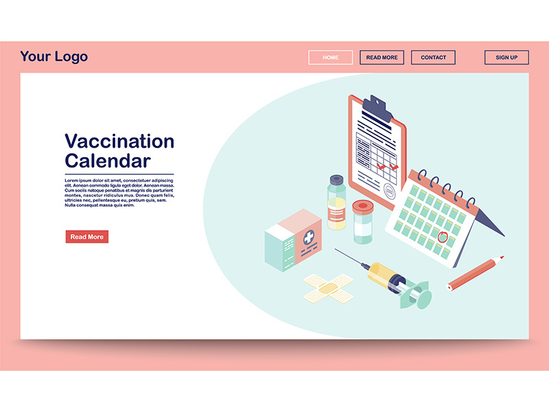 Vaccination calendar webpage vector template with isometric illustration