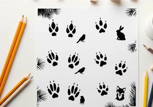 Animal silhouette patterns with pine needles and wildlife footprints
