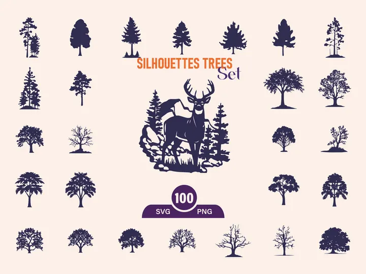 Silhouettes Trees Set, Pine Tree fir pruce cedar white patch alder elm birch ash cypress beech palm tree.