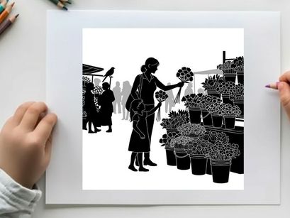 Silhouette of woman shopping for flowers at outdoor market
