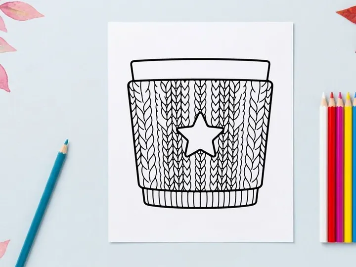 Christmas coffee cup sleeve with star pattern, hand drawn winter holiday drink cozy design.
