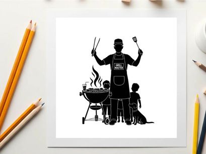 Silhouette of a man grilling with kids on a sunny day silhouette