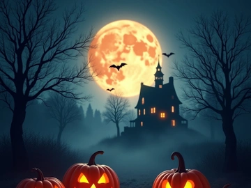 Spooky Halloween scene with glowing pumpkins. preview picture