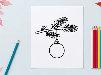 Christmas bauble hanging on a pine tree branch line art illustration isolated on white.