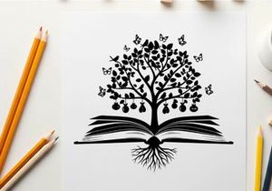 Silhouette of tree growing out of open book with butterflies
