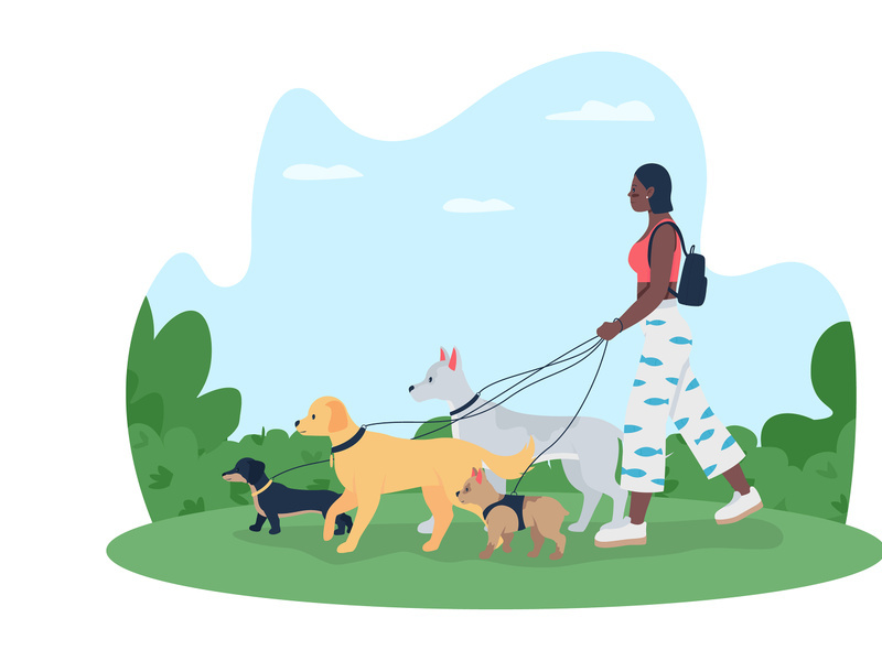 Dog walking 2D vector web banner, poster