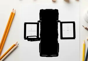 Silhouette of a black suitcase with multiple compartments and opened panels