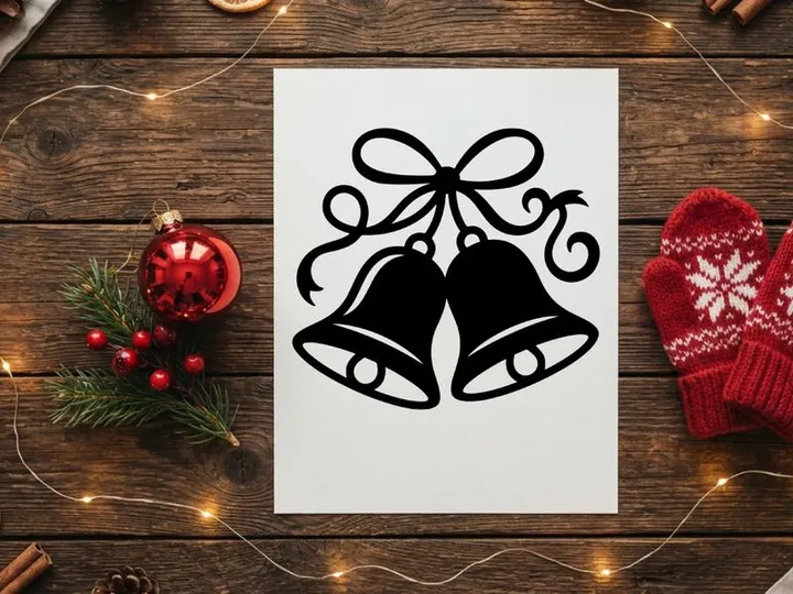 Black and white Christmas bells icon with decorative bow isolated on white background