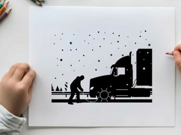 Silhouette of a man fixing a semi truck on a snowy road preview picture