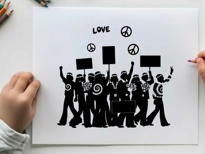 Peaceful protesters with signs and silhouette peace symbols