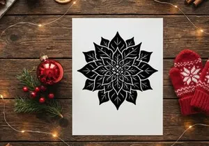 Black and white poinsettia flower illustration for Christmas holiday design projects