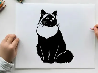 Silhouette of a sitting cat with white fur around neck