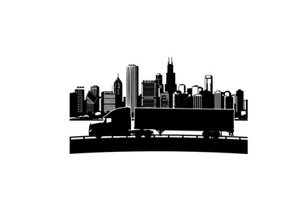 Truck driving across bridge with city silhouette