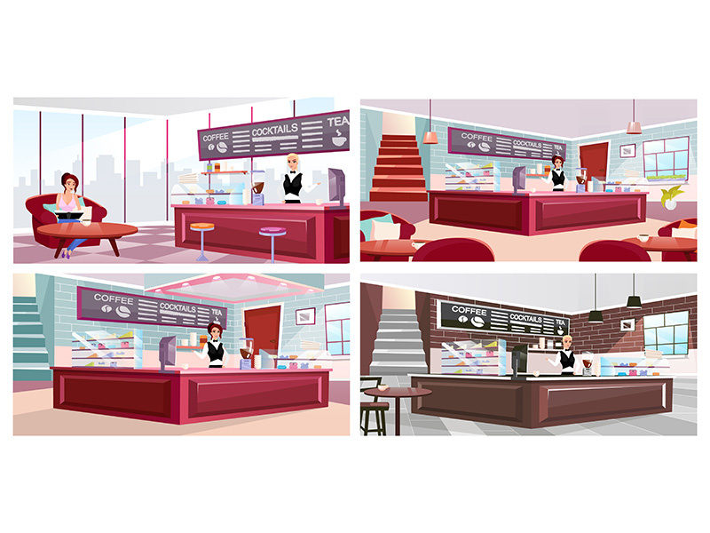 Cafe interior flat vector illustrations set