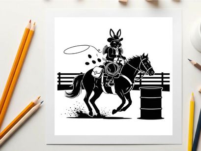 Bunny silhouette riding a horse and lassoing in a rodeo arena silhouette