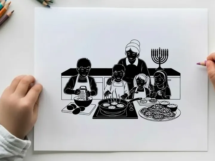 Family cooking together in a hanukkah silhouette