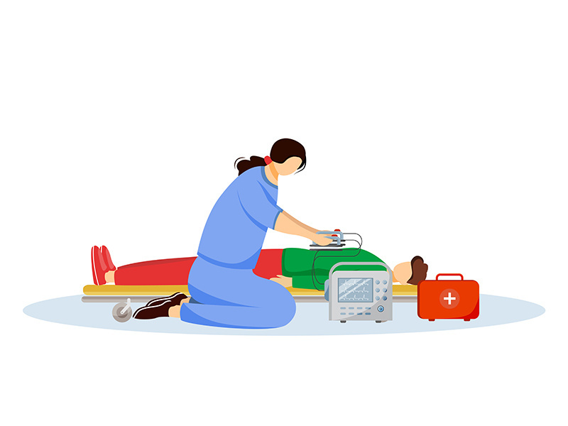 Emergency doctor giving first aid with defibrillator flat illustration
