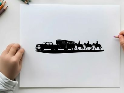 Silhouette of a pickup truck towing a horse trailer with two riders on horseback