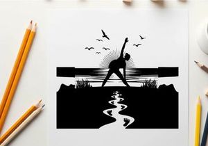 Silhouette of a person practicing yoga near a serene body of water with birds