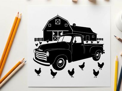 Silhouette of a vintage truck and chickens in front of a rustic barn