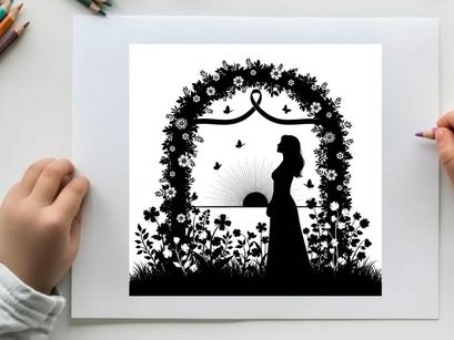 Romantic silhouette of woman standing before floral arch at sunset