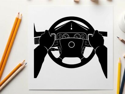 Silhouette of a car's steering wheel and dashboard