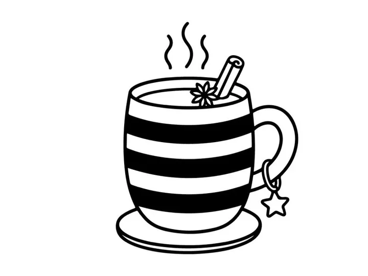 Hot coffee in striped mug with rising steam on Halloween. Warm autumn beverage served in festive ceramic cup with star decoration.
