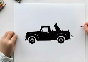 Silhouette of a dog in the back of a vintage pickup truck