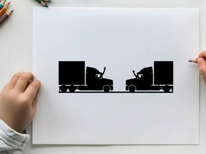 Silhouette of two semi trucks facing each other on a road
