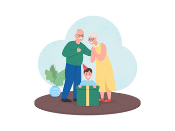 Grandparents give gift to boy 2D vector web banner, poster preview picture
