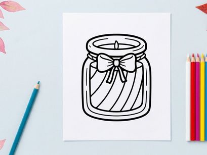Scented candle in a glass jar icon. Decorative wax candle with a bow for holiday decor.