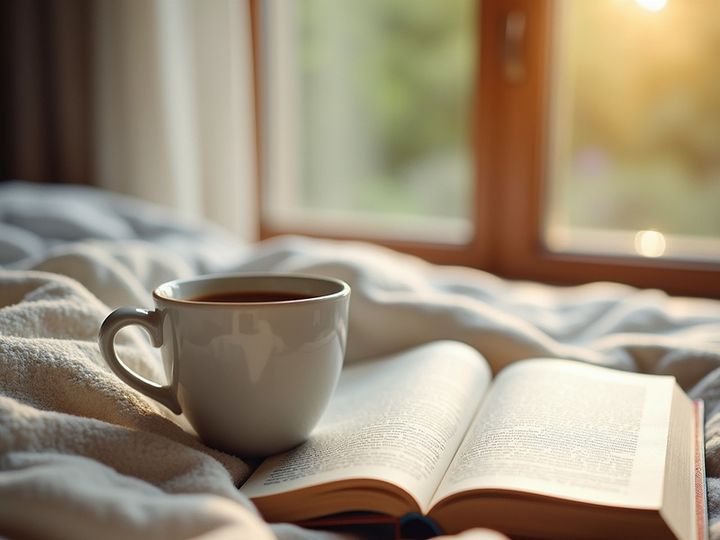 Relaxing scene with a cup of coffee and open book on a cozy blanket.