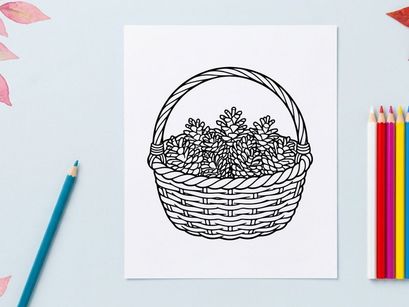 Line art illustration of a wicker basket filled with pine cones