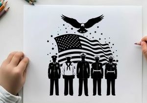 American patriotic silhouette of soldiers and flag with eagle