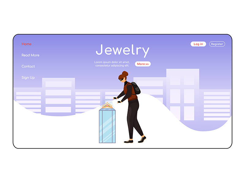 Jewelry theft landing page flat color vector template