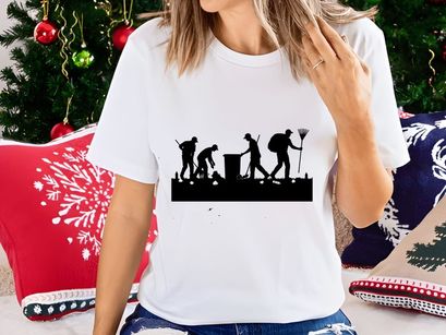 Silhouette of people cleaning up trash and debris in a park or public area