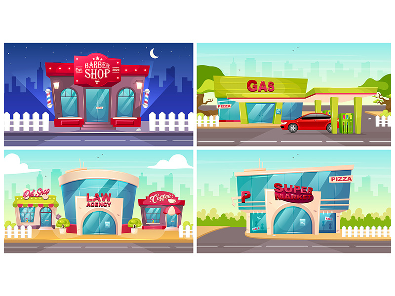 Shop fronts flat color vector illustrations set