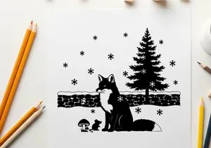 A fox and a mouse in a snowy silhouette landscape with pine tree