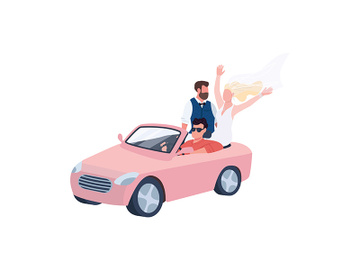 Newlyweds riding in car flat color vector faceless characters preview picture