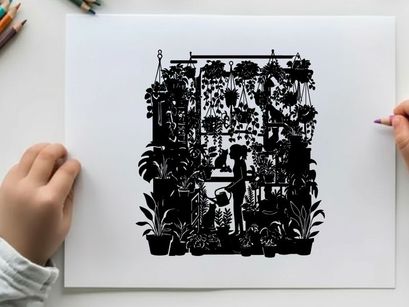 Silhouette of a woman and child in a lush plant greenhouse