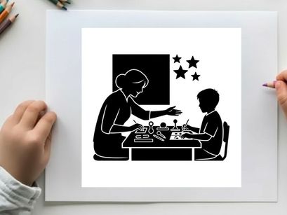 Silhouette of a woman teaching a child to play chess with stars
