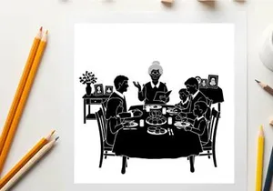Silhouette of family having dinner with a woman serving food
