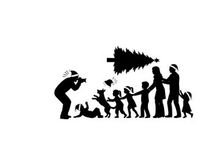 Family decorating christmas tree in silhouette