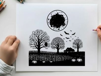 Silhouette of a spooky halloween night with full moon and bats